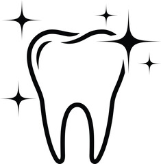 Black outline of a sparkling tooth with starbursts on white background dental clean