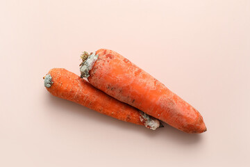 Moldy carrots on beige background