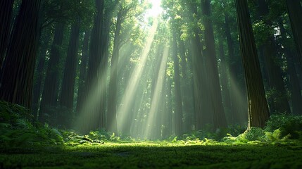 Obraz premium A beautiful forest scene with sunlight streaming through the trees, creating a peaceful and serene atmosphere.