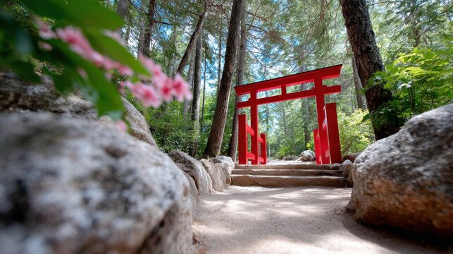 Vibrant vermilion japanese torii gate surrounded by lush forest foliage - Powered by Adobe