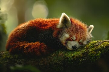 Fototapeta premium Adorable Red Panda Sleeping Peacefully on a Mossy Tree Branch in Soft Forest Light.