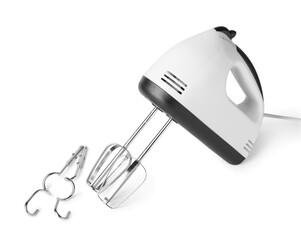 Electric mixer with chrome beaters on white background