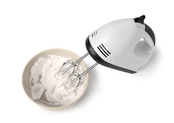 Electric mixer with bowl of whipped cream on white background