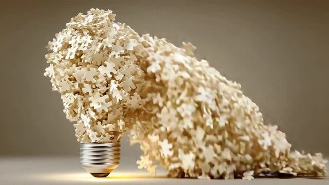 Dynamic vector scene of workflow puzzle components uniting into innovation bulb silhouette, soft yellow glow