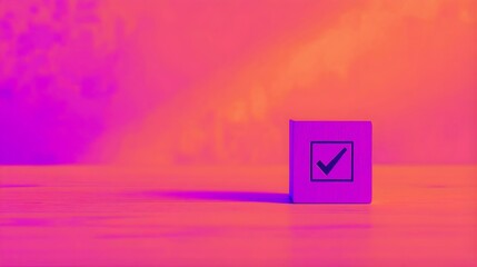 Small wooden cube with a handdrawn checkmark symbol on one face, set against a vibrant, neon pink and orange gradient background, symbolizing approval or completion