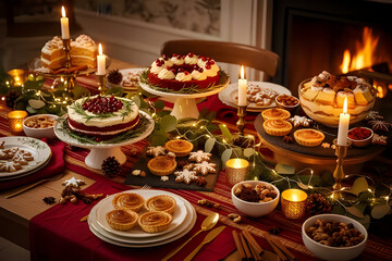 Naklejka premium Festive Holiday Dinner Table with Warm Lighting and Elegant Arrangement