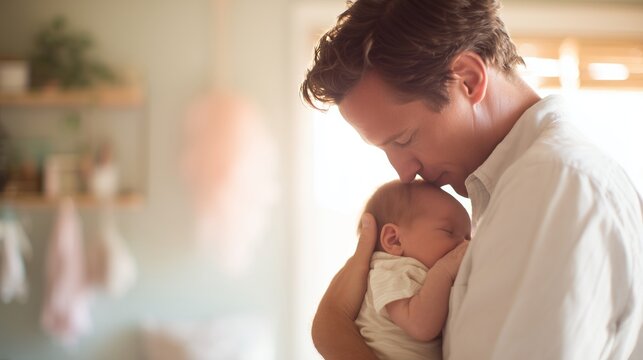 Father lovingly embraces newborn baby in serene indoor setting during daytime - Powered by Adobe