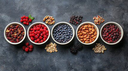 Fototapeta premium Assorted berries, nuts, and dried fruits arranged in bowls, creating a colorful, healthy, and rustic food display perfect for nutrition, cooking, or lifestyle visuals.
