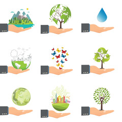 An ecological concept aimed at saving the planet. Collection. An eco friendly world in the palm of your hand. World Environment Day.