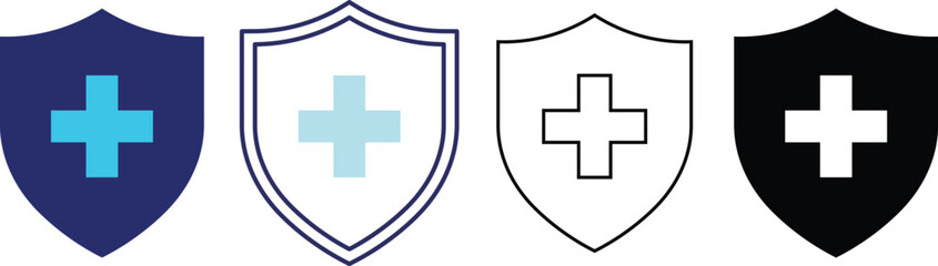 Four shield icons with medical cross symbols in different styles health protection