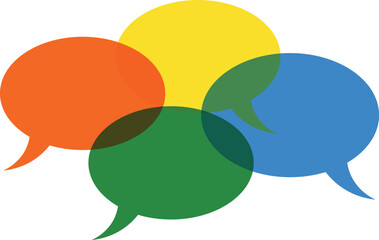 Four overlapping speech bubbles in orange yellow green and blue chat communication