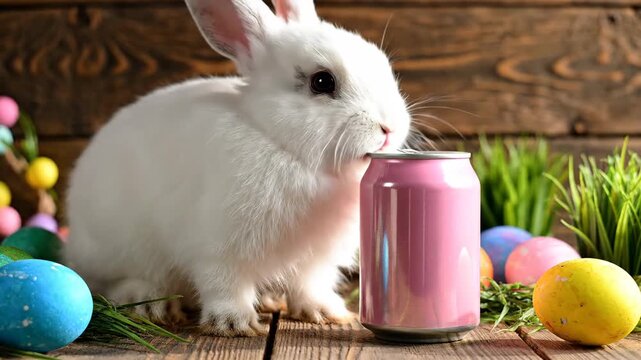 Fluffy white rabbit with beverage can and painted eggs on wood background