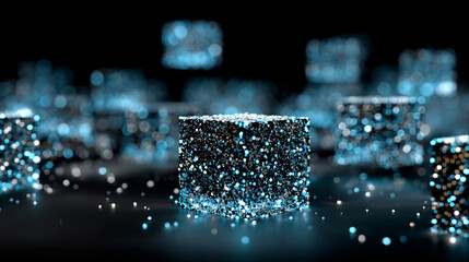 A futuristic 3D visualization of blockchain technology featuring interconnected glowing cubes floating within a digital network grid. The scene conveys concepts of big data, decentralized systems, cyb