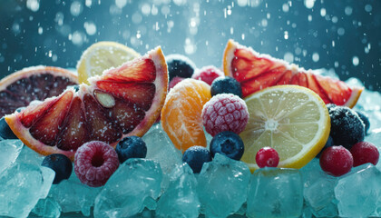 Fresh juicy citrus fruit slices and berries frozen on ice cubes with cold water splash and falling drops. Healthy organic blood orange, lemon, raspberry and blueberry mix.