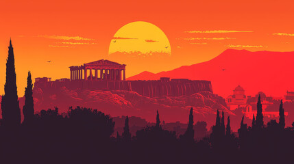 Obraz premium Ancient temple silhouette against a vibrant sunset sky with rolling hills and cypress trees.