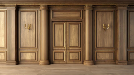 Naklejka premium Elegant wood-paneled room with double doors fluted columns and ornate wall sconces.