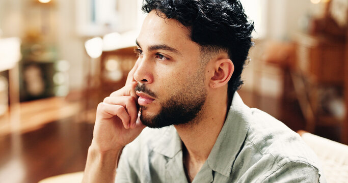 Home, thinking and man on sofa, remember and solution with decision, calm and thoughtful. Reflection, problem solving and person on couch, choice and planning for daily activity, options and memory