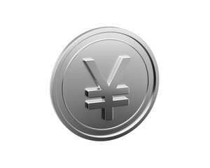 3D render of a gleaming silver Japanese Yen coin on a black background.