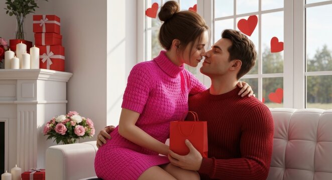 Couple embracing indoors, near window with heart decor. A tender, close-up shot showing love and affection. Valentine's Day, romantic moment, relationship goals.