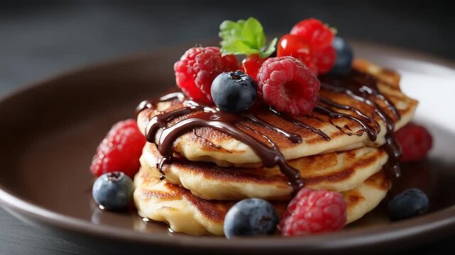 Delicious stack of pancakes with berries and chocolate on a plate