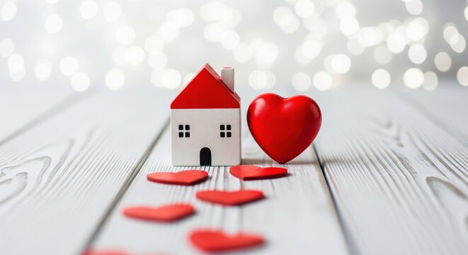 Toy house and heart on wooden surface against blurred lights. A symbol of love, safety and home. Home Sweet Home, family values, domestic harmony. - Powered by Adobe