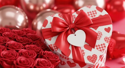 Heart-shaped gift box with red ribbon surrounded by roses and balloons. A festive still life of romance and celebration. Affectionate gift, Valentine's Day, special occasion.