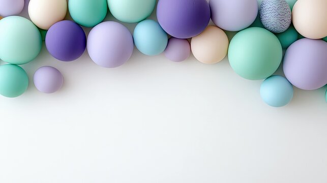 A top-down view of a collection of colorful spheres in various sizes and pastel colors arranged against a white background, creating a minimalist and visually a