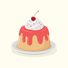 Cute little cake covered in icing and decorated with whipped cream, colourful sprinkles and cherry. Sweet dessert vector illustration. Birthday cake.