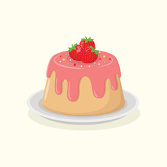 Cute little cake covered in icing and decorated with three strawberries and colourful sprinkles. Sweet dessert vector illustration. Birthday cake.