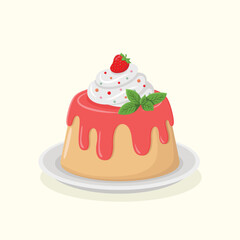 Cute little cake covered in icing and decorated with whipped cream, colourful sprinkles, mint and strawberry. Sweet dessert vector illustration. Birthday cake.