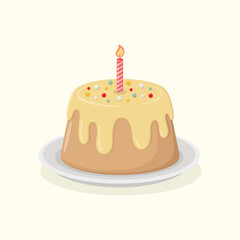 Cute little cake covered in icing and decorated with colourful sprinkles and candle. Sweet dessert vector illustration. Birthday party cake.