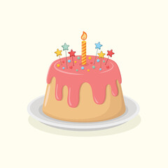 Cute little cake covered in strawberry icing and decorated with colourful sprinkles, stars and candle. Sweet dessert vector illustration. Birthday party cake.