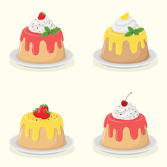 Set of cute little birthday cakes covered in icing and decorated with colourful sprinkles, whipped cream, mint, strawberries, cherry and slice of lemon. Sweet dessert vector illustration. 