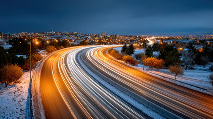 Winter multi-level highway interchange with light trails and warm sodium lights in night scene