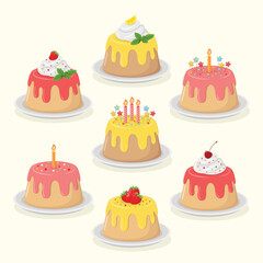 Set of cute little birthday cakes covered in icing and decorated with colourful sprinkles, stars, whipped cream, berries and candles. Sweet dessert vector illustration. 