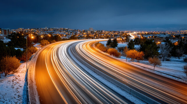 Winter multi-level highway interchange with light trails and warm sodium lights in night scene