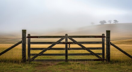Wooden gate in a field with a foggy background, rural landscape scene.