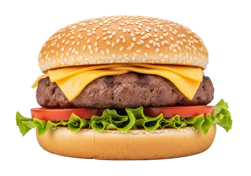 Classic beef cheeseburger with lettuce and tomato, isolated on transparent background - Powered by Adobe
