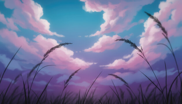 Beautiful digital art illustration featuring a low angle view of dark grass silhouettes against a dreamy pastel pink and blue sunset sky with fluffy clouds in a scenic nature field background. - Powered by Adobe
