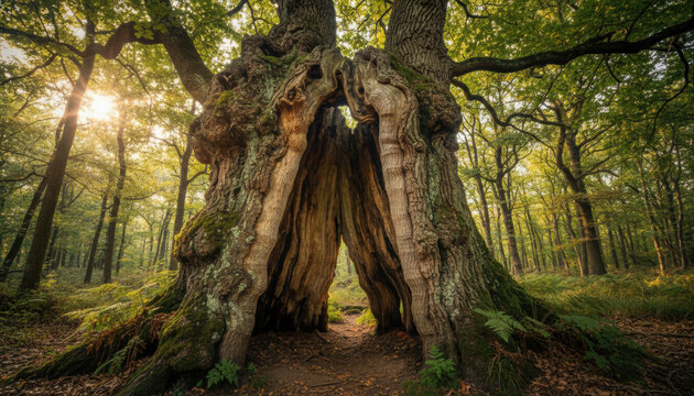 Majestic ancient tree with a massive hollow trunk forming a natural archway in the forest. Old wood bark texture covered in moss with bright sunlight beams illuminating the nature landscape.