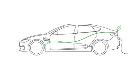 Fototapeta premium Minimalist Line Drawing of a Modern Electric Vehicle with Eco-Friendly Elements