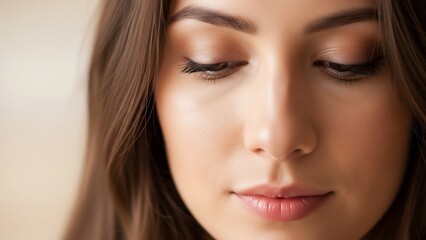 Obraz premium A close-up shot of a young woman with long brown hair and closed eyes, looking down in a serene and contemplative manner.