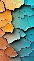 Obraz premium Close-up of a cracked paint texture with vibrant orange and blue colors, showcasing abstract patterns and textures.