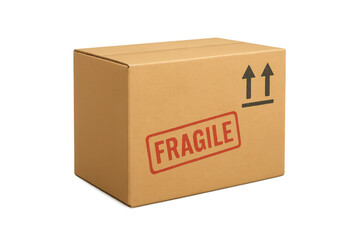 Cardboard shipping box with fragile warning sign and arrows, indicating careful handling and delivery, transparent background