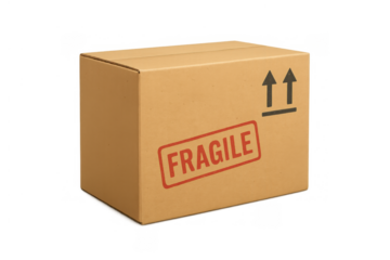 Cardboard shipping box with fragile warning sign and arrows, indicating careful handling and delivery, transparent background