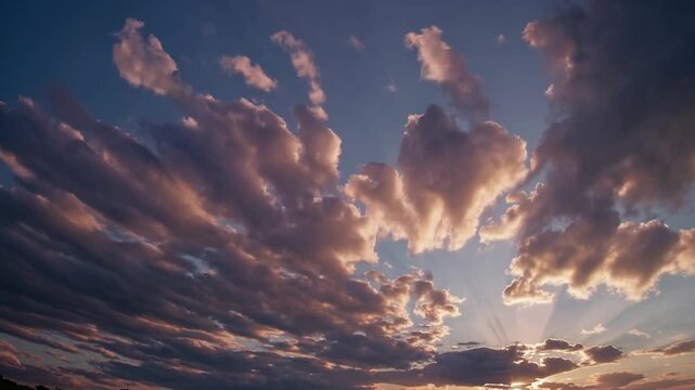 Fluffy clouds drift across a vibrant sky, illuminated by the warm glow of the setting sun casting long shadows. The ethereal scene transforms the sky into a canvas of soft colors a