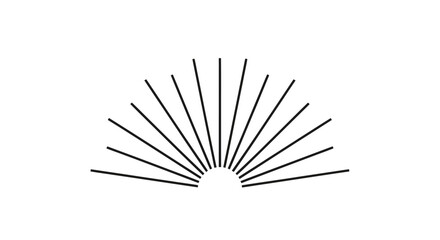 Minimalist black and white abstract illustration of a stylized rising sun with radiating lines