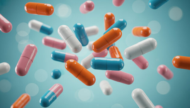 Medical pills and colorful capsules falling on blue background. 3D illustration of pharmacy drugs, antibiotic medicine and vitamin dose for healthcare treatment and prescription cure concept.