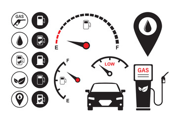 Gas station set. Monochrome collection of petrol icons - fuel, location, car, meter sign, pump. Equipment and oil production, black and white pictograms isolated.