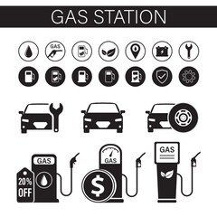 Gas station set. Monochrome collection of petrol icons - fuel, location, car, meter sign, repair, pump. Equipment and oil production, black and white pictograms isolated.